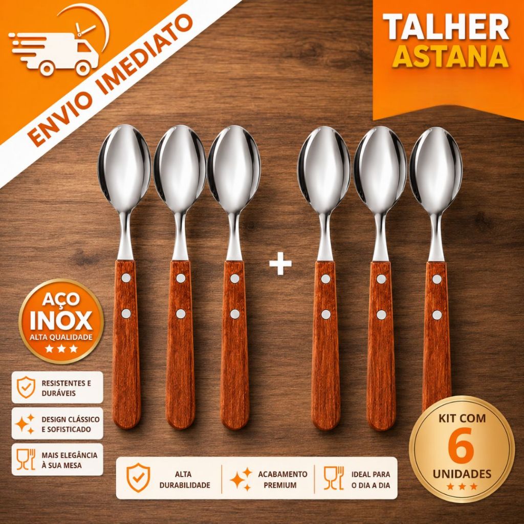 Jogo Talheres De Colheres Astana C/ 6 Peças Em Aço Inoxidável E Madeira Casa Cozinha Jantar Elegante