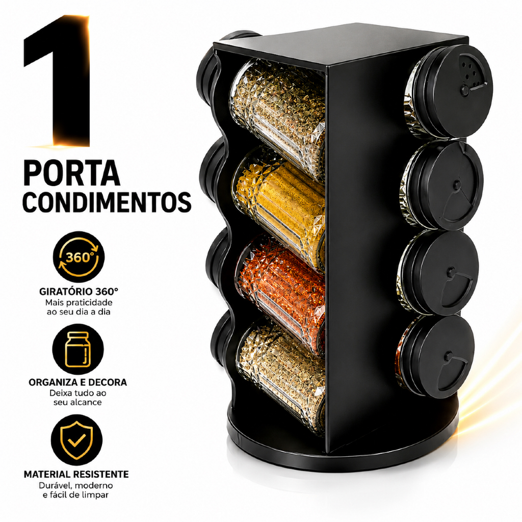Porta Temperos Condimentos Giratório 360° 8 Potes de Vidro Organizador de Condimentos Cozinha Luxo