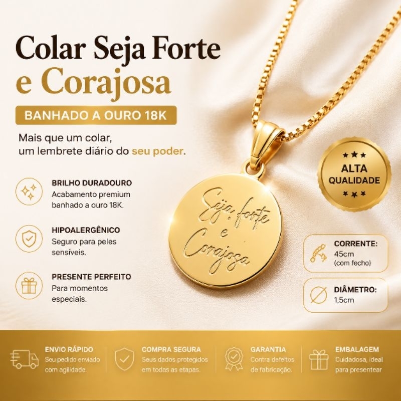 Colar Seja Forte e Corajosa Banhado a Ouro 18K Brilho Duradouro