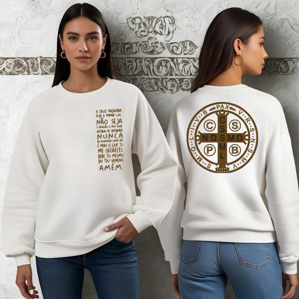Moletom Medalha de São Bento Bordado Oração De Proteção Católico Moda Fé Cristã