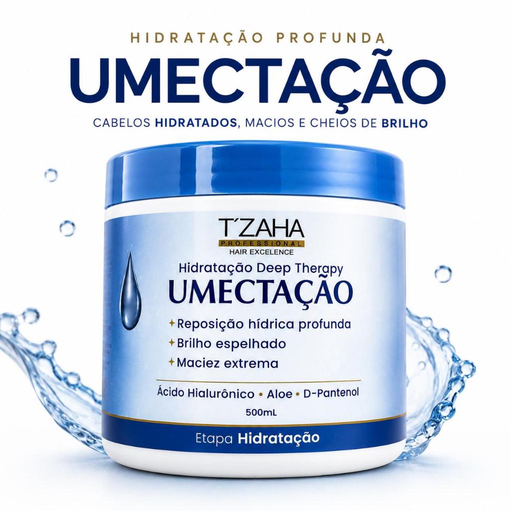 Pote de 500ml da máscara de hidratação profissional Tzaha Umectação sobre fundo branco com detalhes de respingos de água ao redor