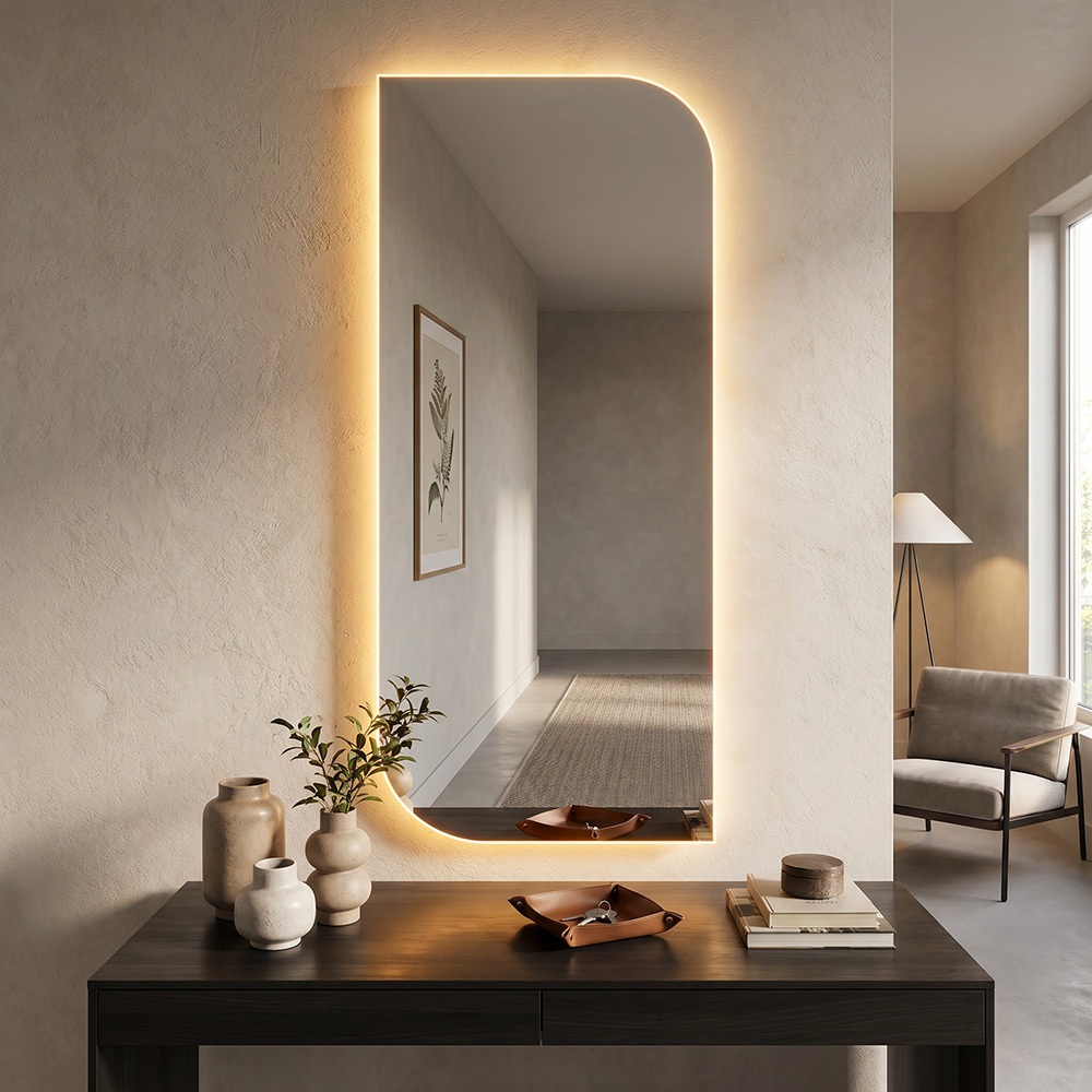 Espelho Led Amarelo Decorativo Grande Retangular Assimétrico Corpo Inteiro 110x53cm Quarto Banheiro Hall