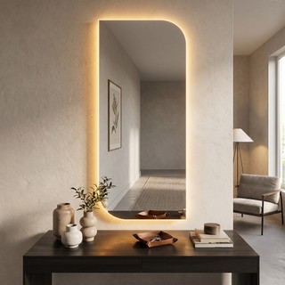 Espelho Led Amarelo Decorativo Grande Retangular Assimétrico Corpo Inteiro 110x53cm Quarto Banheiro Hall