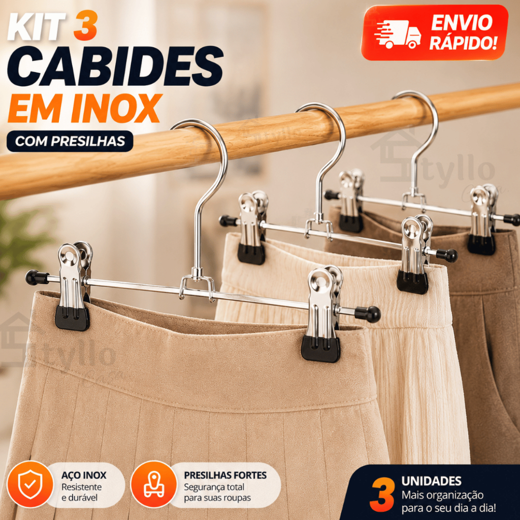 Kit 3 Cabides Cromados Com Presilhas para Calça Saia ou Bermuda