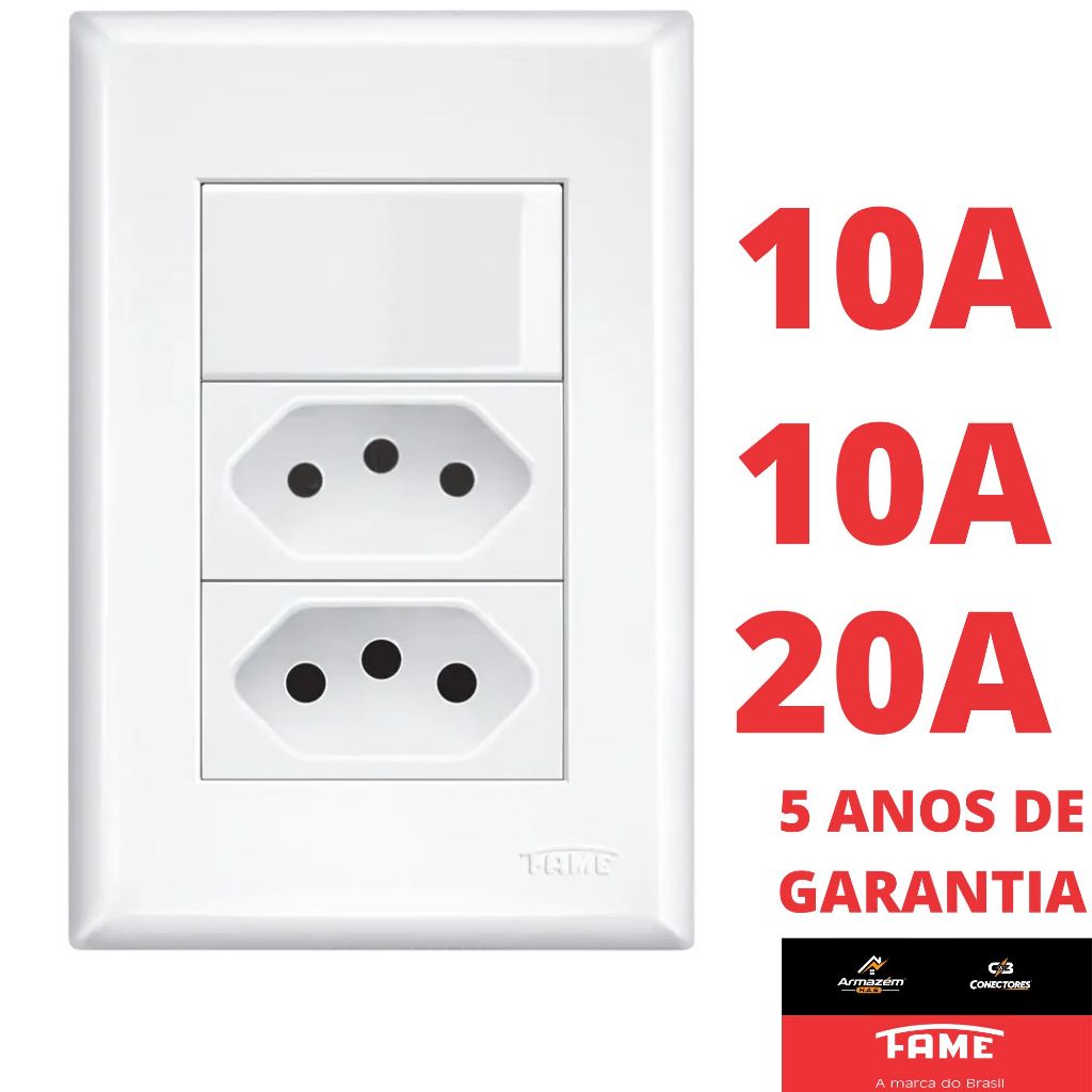 Interruptor Paralelo Three Way 10A e Tomada Padrão 2P+T 10A e 20A Com Placa Evidence FAME
