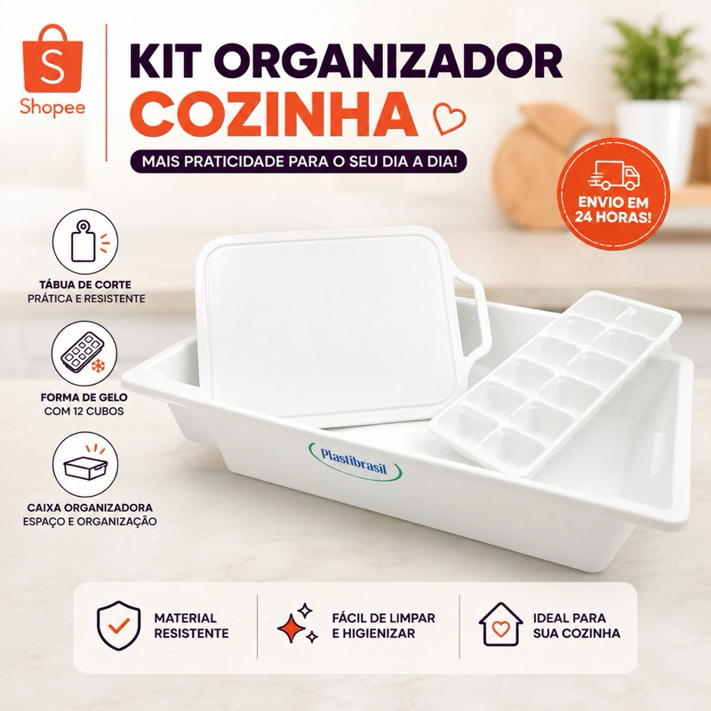 Kit caixa organizadora cozinha + tábua de corte p. + forma de gelo