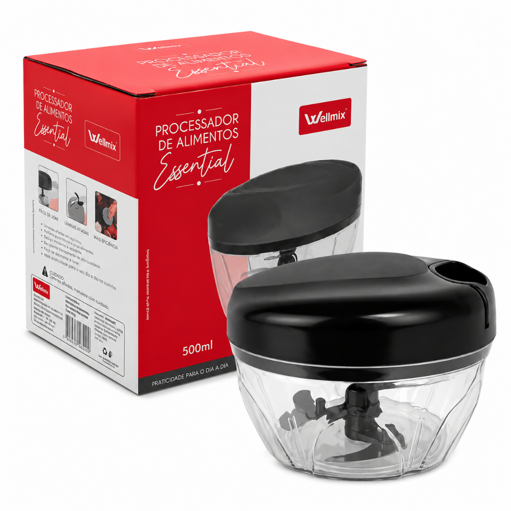 Multi Processador de Alimentos Wellmix Original Manual 3 Lâminas Alho Cebola Temperos 500 ml