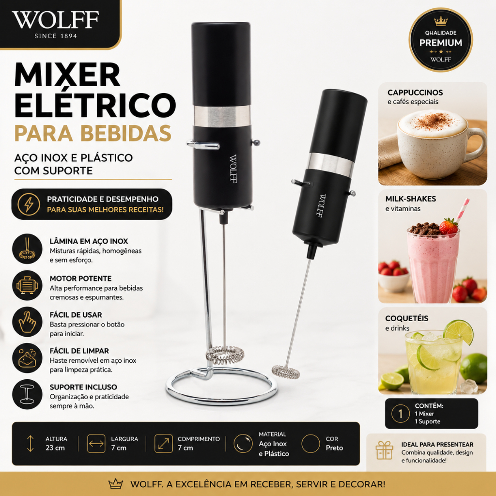 Wolff - Mixer Elétrico Para Bebidas De Aço Inox Plástico Com Suporte - Compacto e Moderno