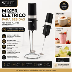 Wolff - Mixer Elétrico Para Bebidas De Aço Inox Plástico Com Suporte - Compacto e Moderno