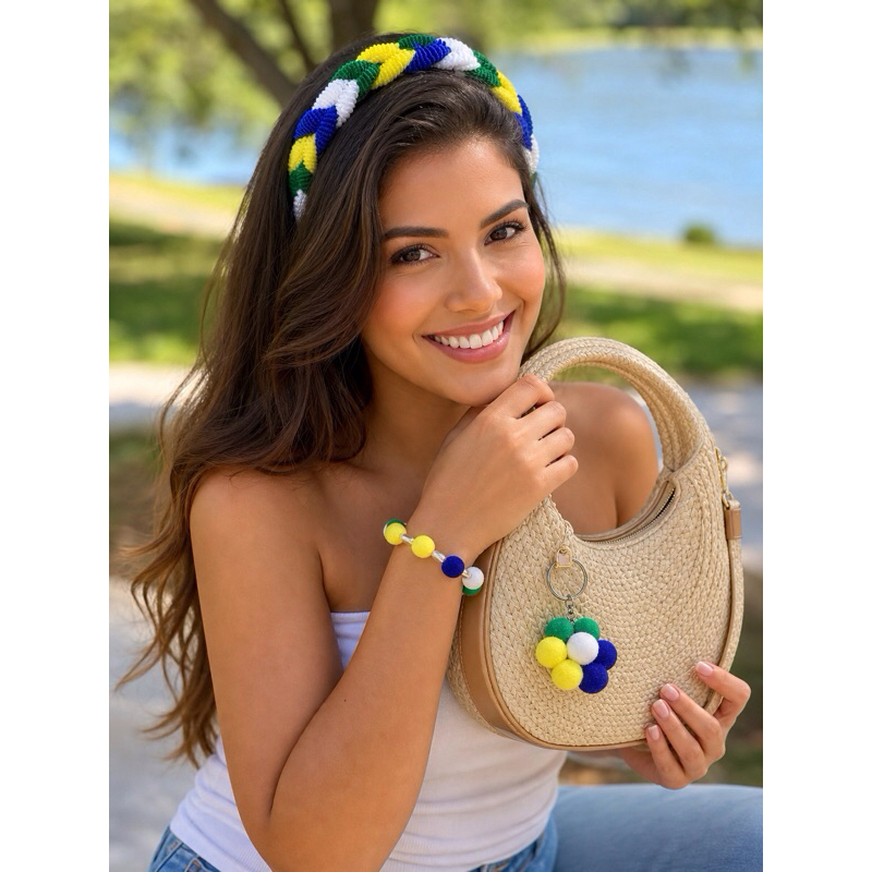 kit de tiara pulseira e chaveiro cores do Brasil copa do mundo