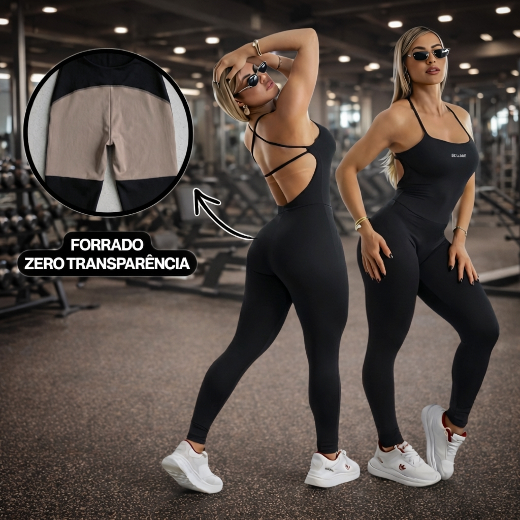 Macacão Academia Forrado Feminino Longo Fitness com Costas Abertas e de Alças Cruzadas em Suplex