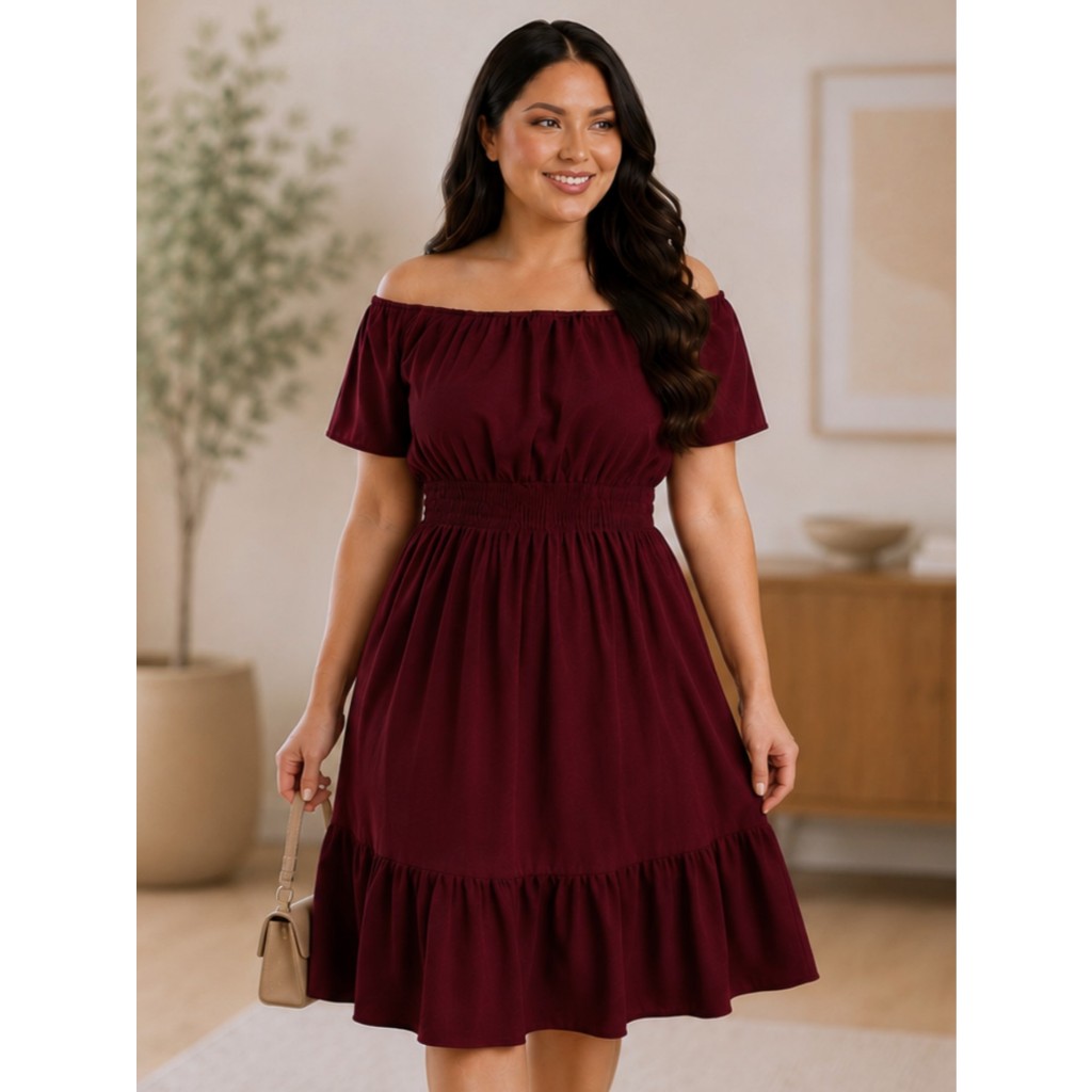 Vestido Midi Festa Evangélica Com Elástico Na Cintura Plus Size Ombro a Ombro com Lastex