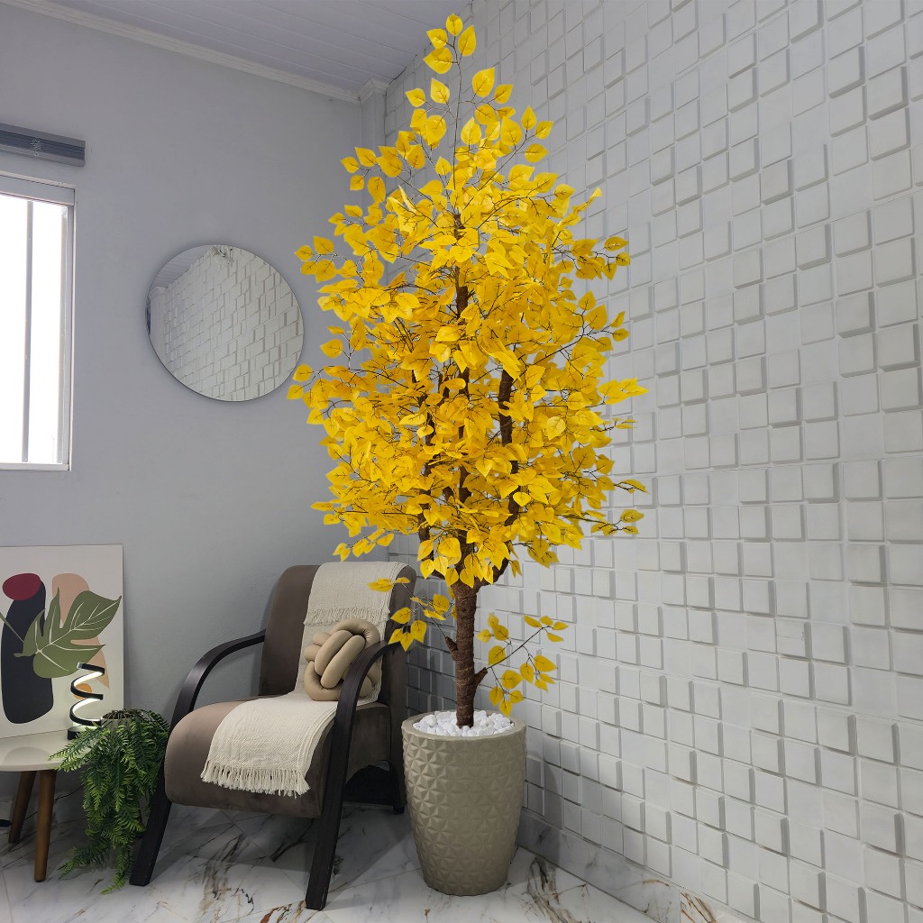 Árvore Artificial Fícus Amarelo 220cm Vaso Grande Pedra Decoração