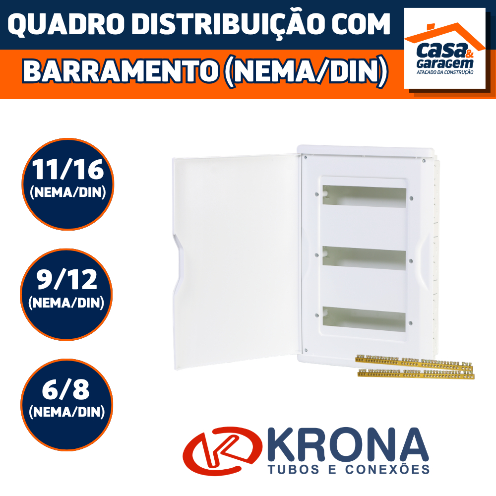 Quadro Distribuição Embutir Com Barramento (Nema/Din) Krona Para Instalação Elétrica