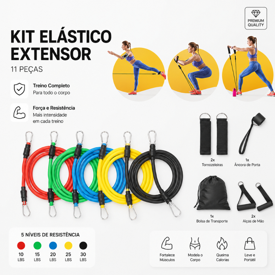 Kit 11 Elásticos de Resistência Extensor para Treino Funcional Academia Em Casa Ginastica