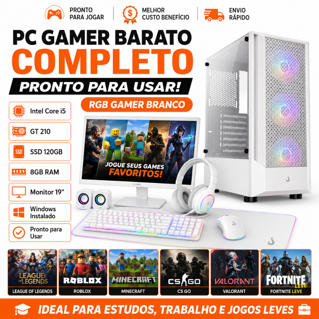PC Gamer Barato Completo i5 GT 210 SSD 120GB RGB Gamer Branco Monitor 19 Windows