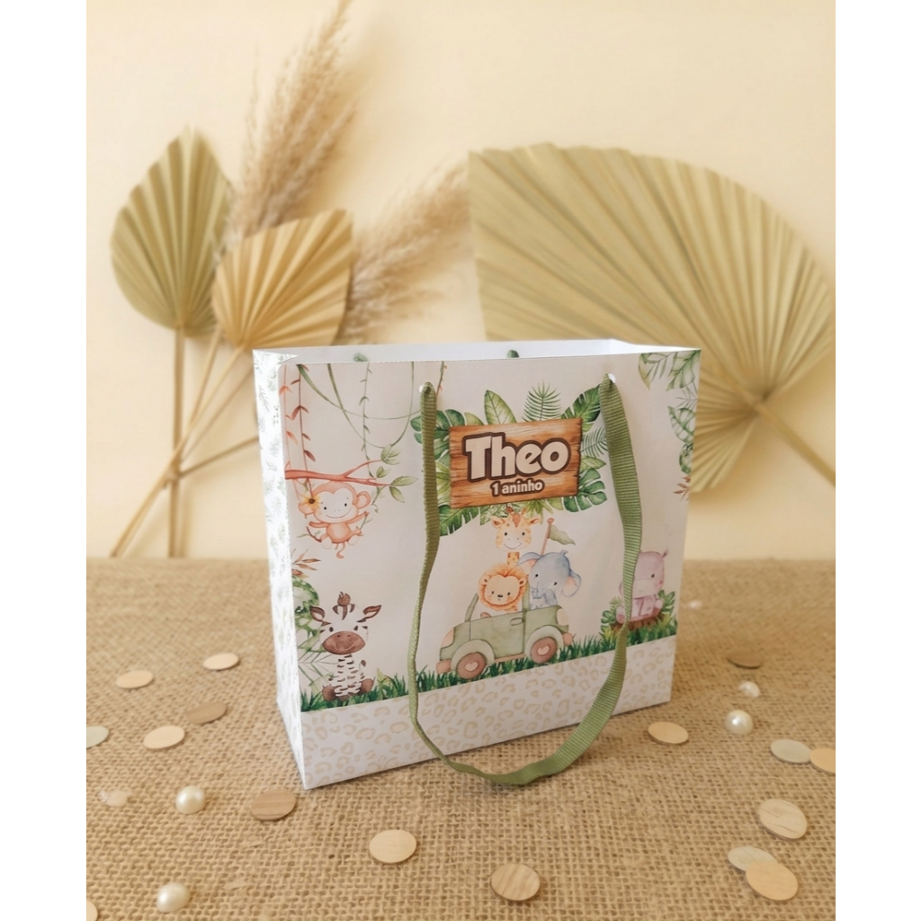 Sacolinha M Safari Baby Aquarela | PERSONALIZADA NOME E IDADE - PRÉ MONTADA | Lembrancinha Festa Infantil