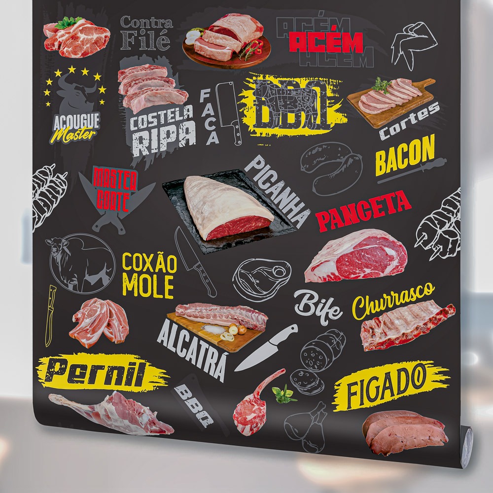 Papel de Parede Adesivo Decoração Açogue Cortes Carne Mercado Lavável