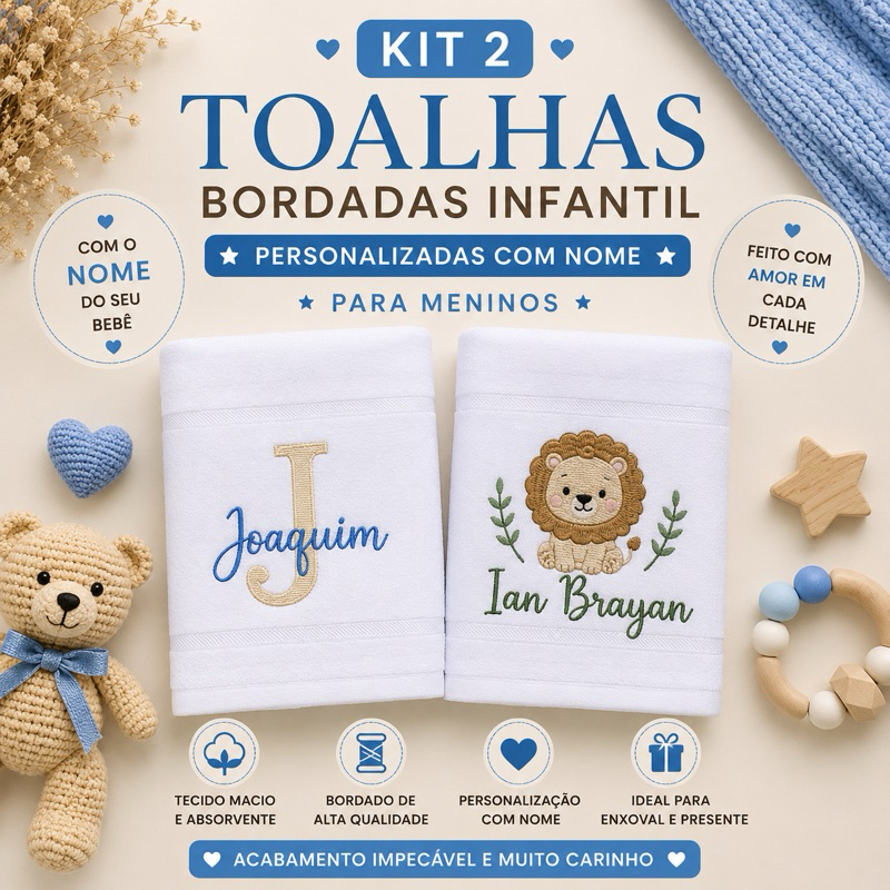 Kit 2 Toalhas de Boca Bordadas Personalizadas Menino | Nome Bordado Infantil Bebê