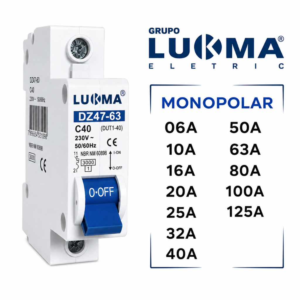 Disjuntor Unipolar Monopolar Lukma Curva C 06A 10A 16A 20A 25A 32A 40A 50A 63A