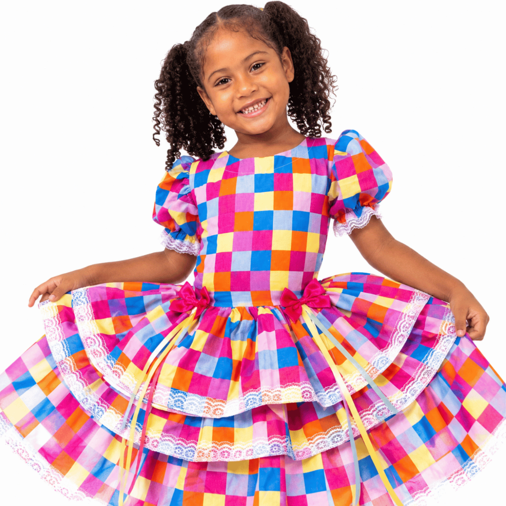 Vestido Quadrilha Infantil Festa Junina São João Xadrez Rosa Com Laços 4-10