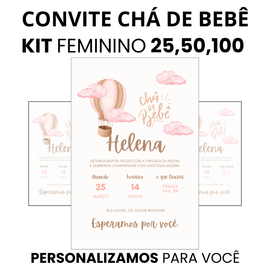 Convite chá de bebê menina personalizado tema rosa delicado em papel fotográfico glossy colorido