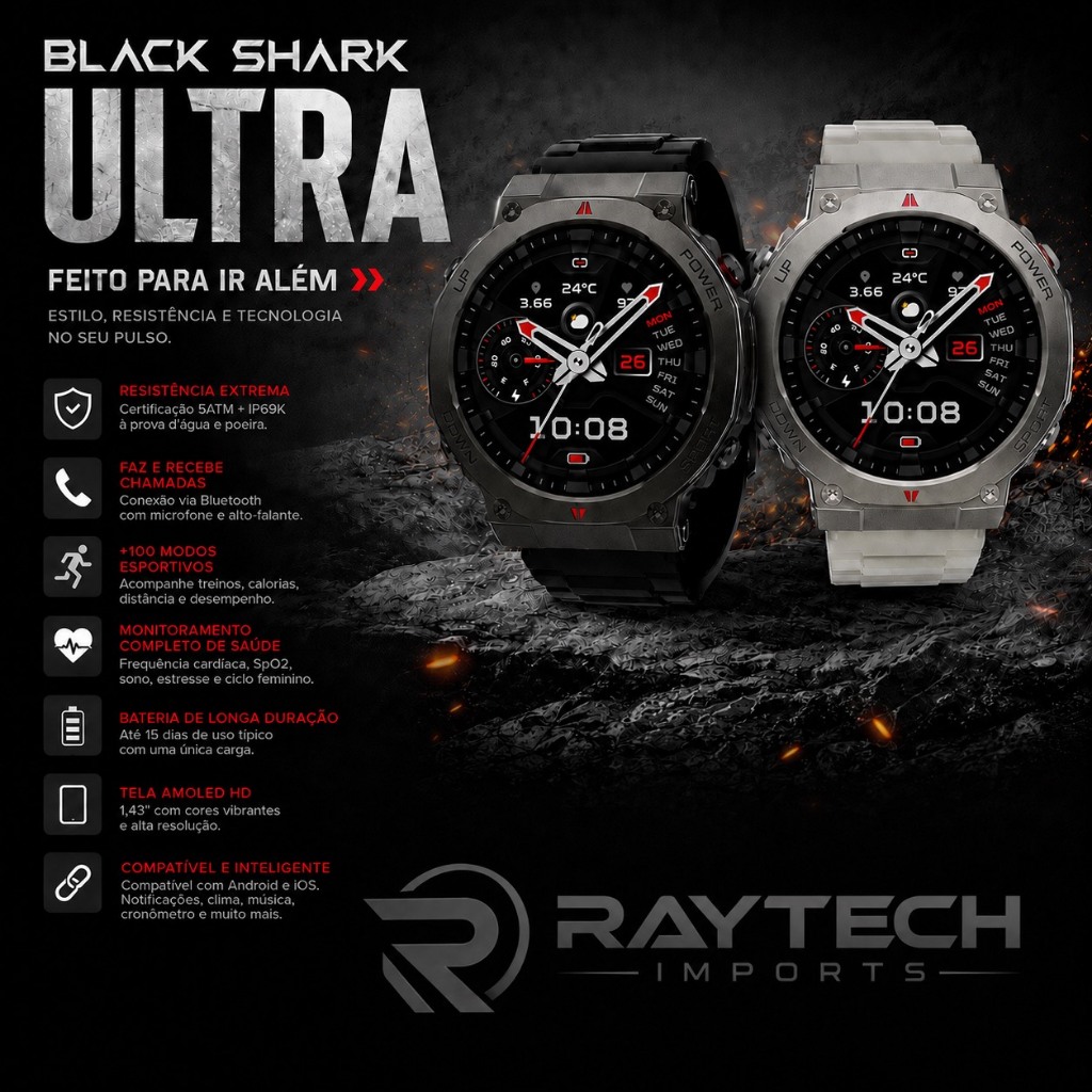 Smartwatch Black Shark GS3 Ultra BS-W2415 com GPS, Conexão Strava, 5ATM, IP69K Bluetooth 18H Preto