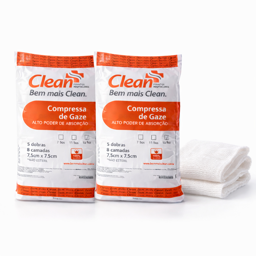 Compressa de Gaze Hidrófila 7,5x7,5cm 5 Dobras 8 Camadas 9 ou 13 Fios Clean 100g 180g 240g