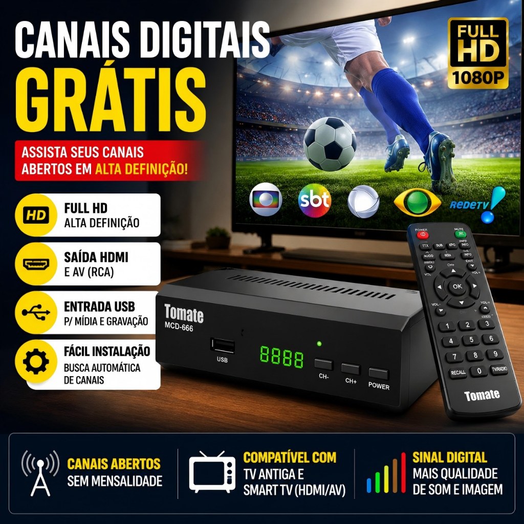 Conversor Digital Para Tv Antiga Full Hd Canais Gratis Saída Hdmi e Rca Tomate Mcd 666