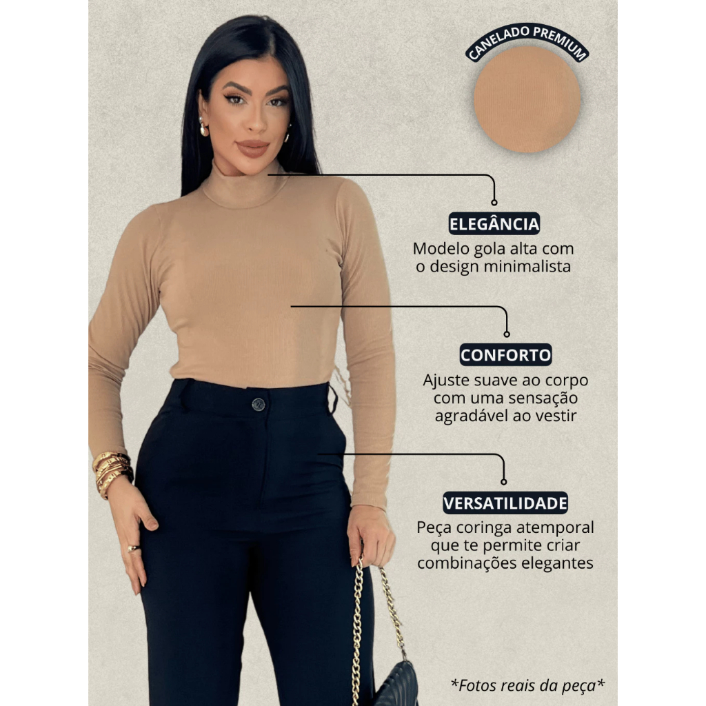 Blusa Manga Longa Feminina Canelada Gola Alta Linha Luxo Inverno Elegante