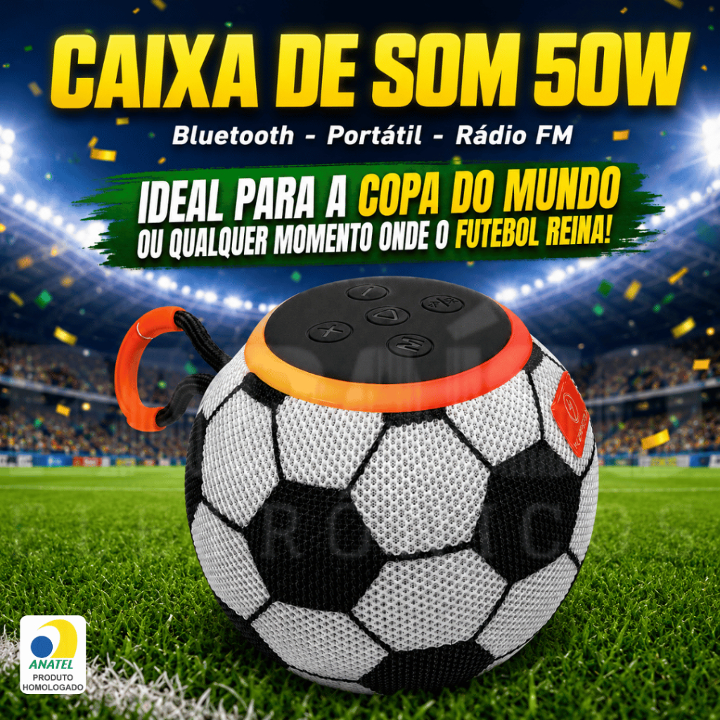 Caixa de Som 50W Bluetooth Potente Rádio FM LED RGB TWS Pen Drive IPX5 Kapbom TEMA FUTEBOL - OFERTA