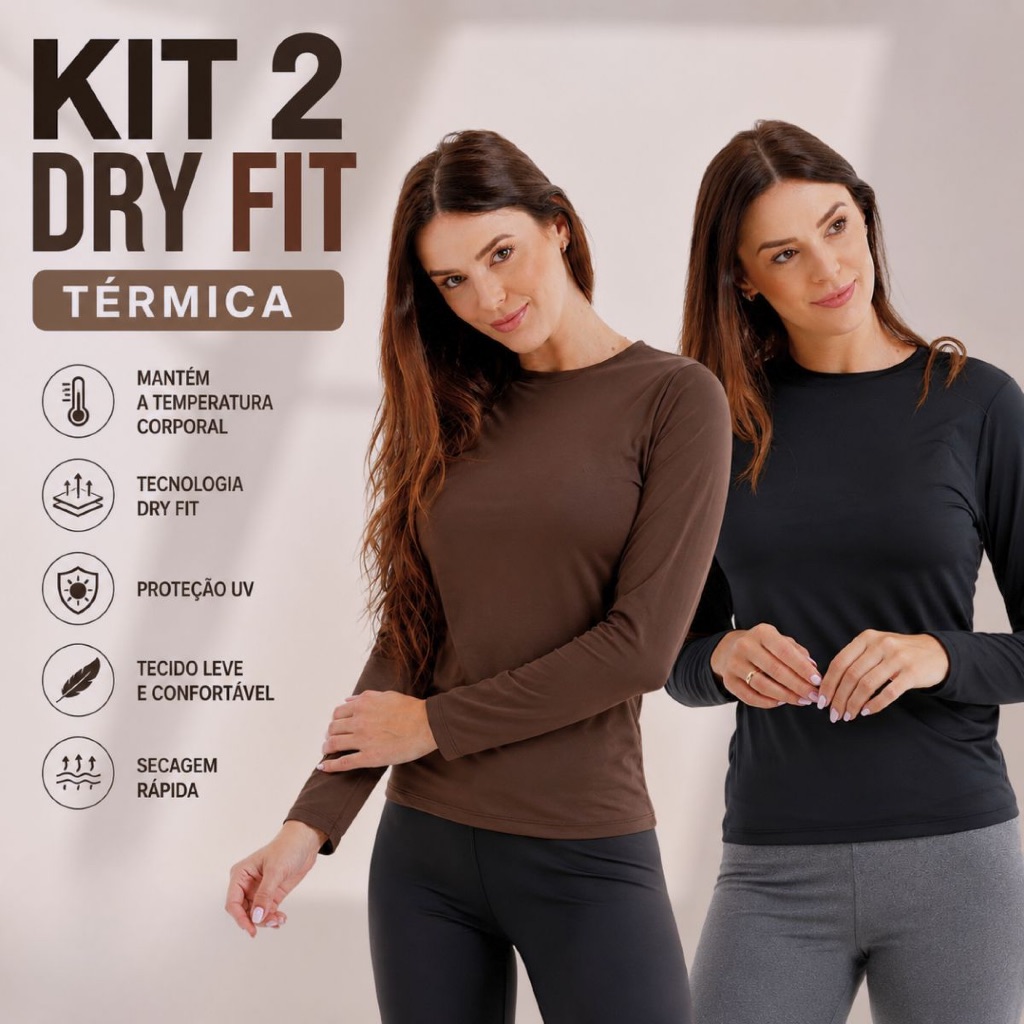 Kit 2 Blusas Manga Longa Dry fit Feminina GYM Proteção Uv50+ camisa segunda pele Praia Verão