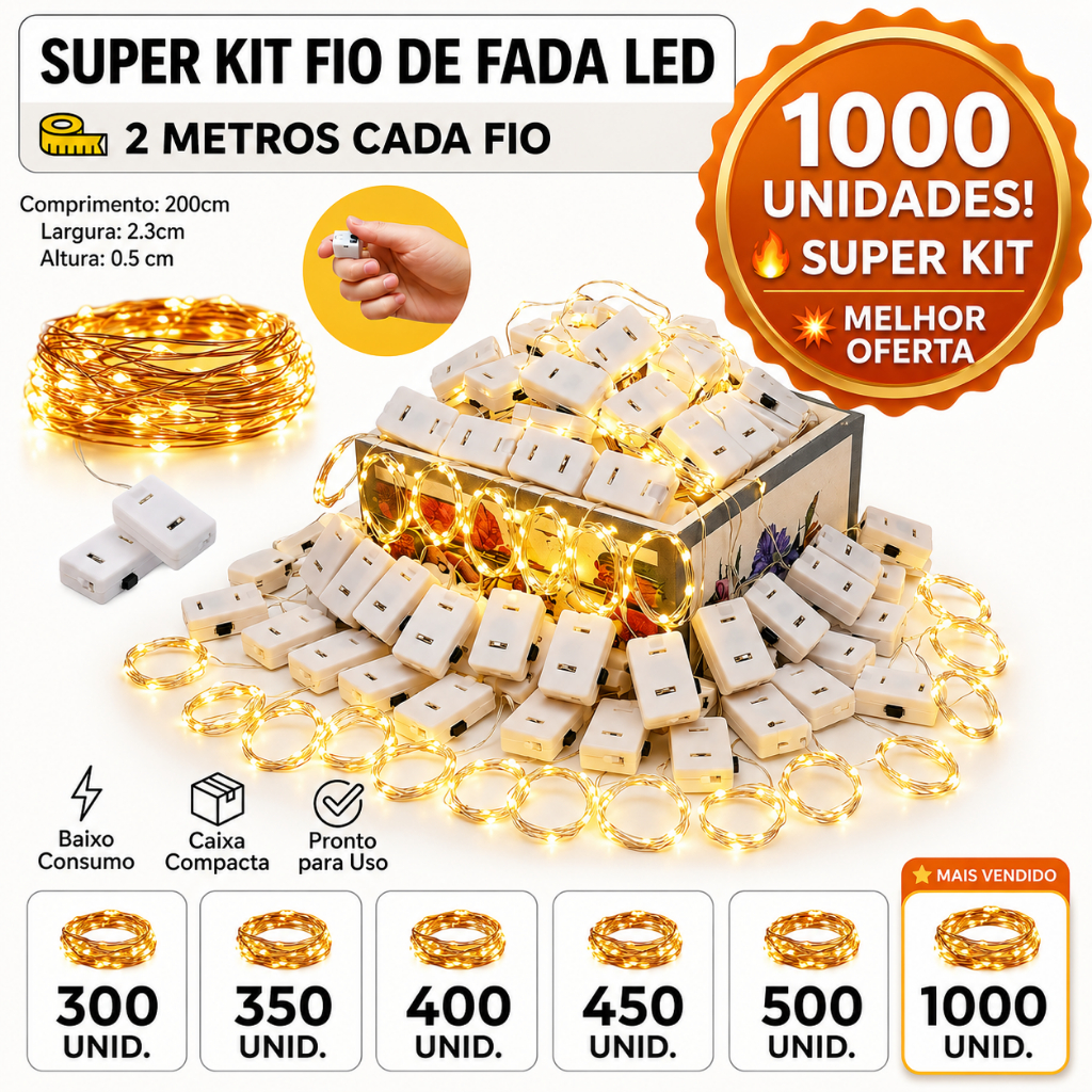 Kit 1000~300 Fios de Fada 2 Metros Cordão Luz Bateria inclusa Pisca Pisca Alta Qualidade Envio Turbo