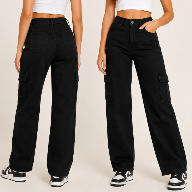 Calça Jeans Cargo Feminina Juvenil Wide Leg Preta Cintura Alta com Bolsos Laterais