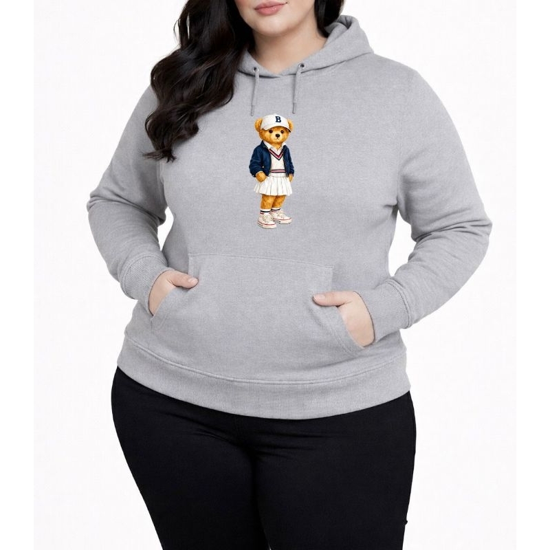Moletom Feminino Estiloso Plus Size P ao G5 Casaco Flanelado com Capuz e Bolso Estampa Ursinha Tendência Moda Inverno