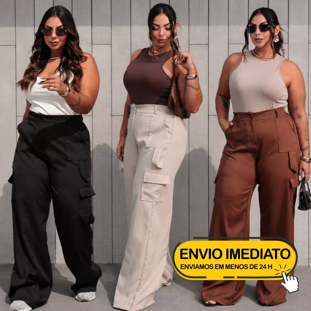 Calça Social Feminina PLUS SIZE Modelo Pantalona Alfaiataria Cargo Wide Leg Calsa Luxo Blogueira Moda — imagem 1