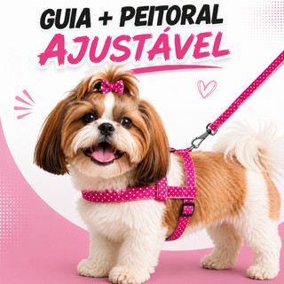 Peitoral Para Cachorro + Guia Nylon Conjunto Ajustável Passeio