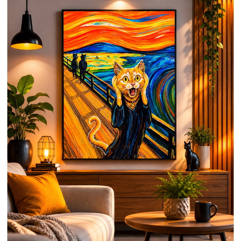 Placa Quadro Decorativo Gatos em Obras de Arte Decoração Quarto Sala Engraçada Quadro Poster