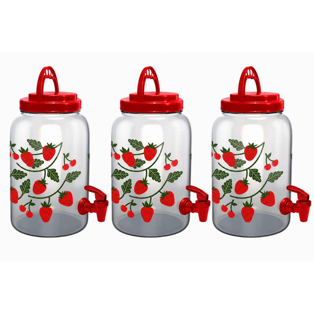 KIT 3 SUQUEIRA DECORADA MORANGO TAMPA  VERMELHA COM TAMPA E ALÇA 3,6 L