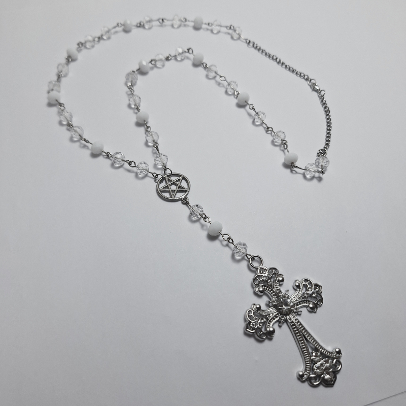 Rosário Colar Terço Cruz Longo Gótico Alternativo Branco e Cristal Vibrante Todo Prata Cristal