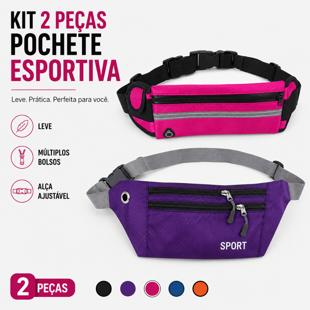 Kit 2 Pochetes Esportivas Ajustáveis Bolsa de Cintura Corrida Caminhada Academia Porta Celular Impermeável