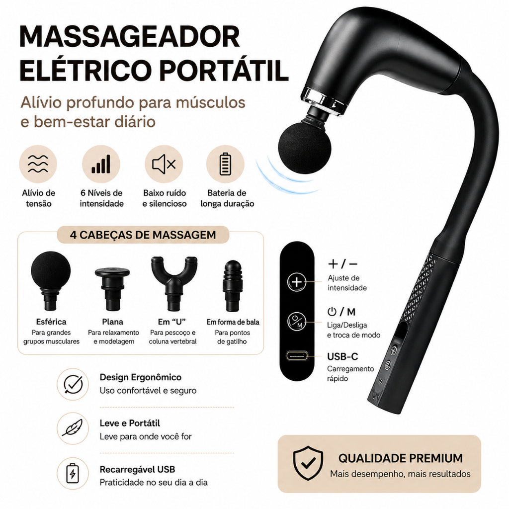 Massageador Muscular Alongado 4 em 1 Elétrico 9 Modos 9 Velocidades Para Costas Pescoço Ombro Portátil