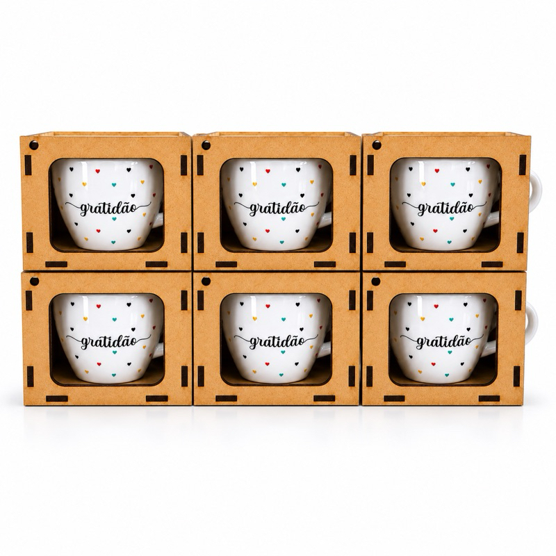 Conjunto Xícaras Porcelana Branca + Caixinha MDF 6 Peças Café Decoração Gratidão Cozinha Escritório