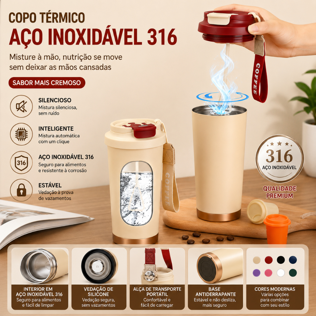 Copo Misturador Automático Inox 316 500ml Portátil Café Suco Proteína Shake Bebidas Diário