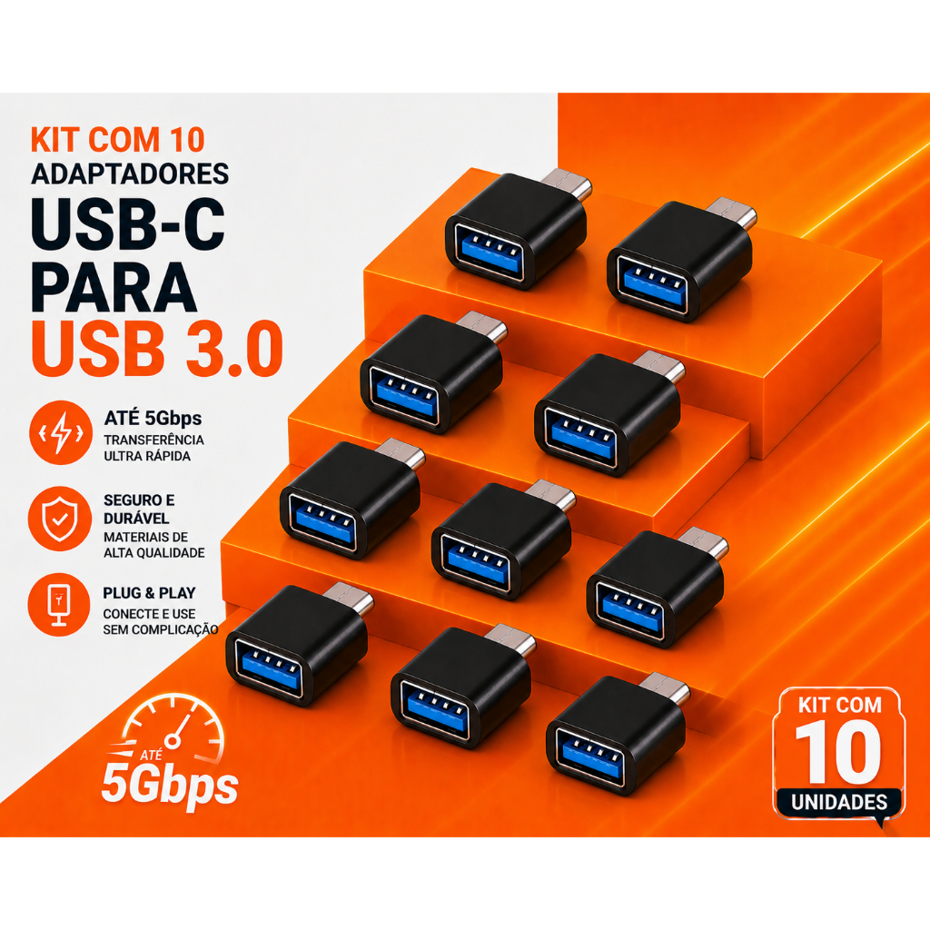 Kit 10 Adaptador USB-C para USB 3.0 OTG 5Gbps Plug Play Android iPhone 15