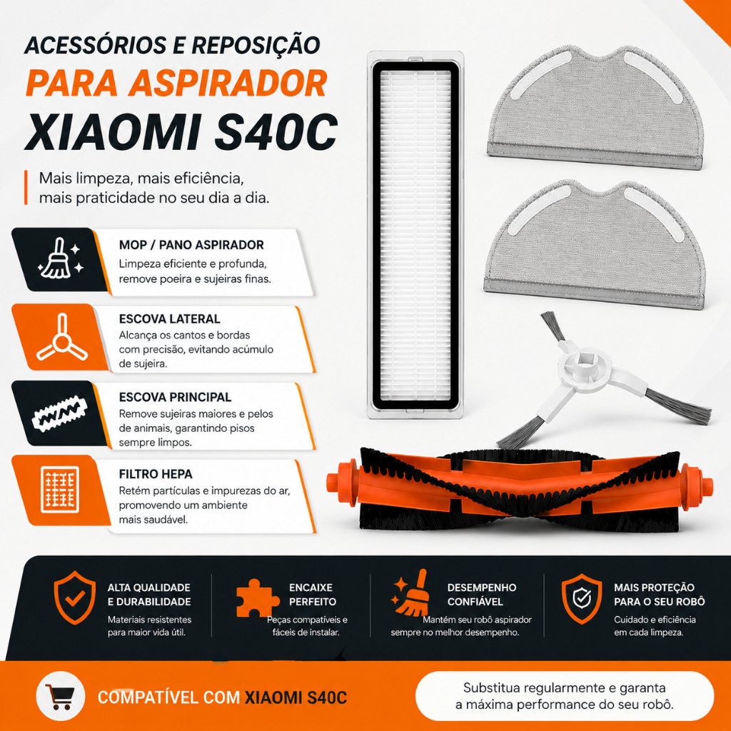 Acessórios de Reposição Aspirador Robô Xiaomi Compatível Com S40c FILTRO HEPA/ESCOVA principal/lateral/ PANO MOP