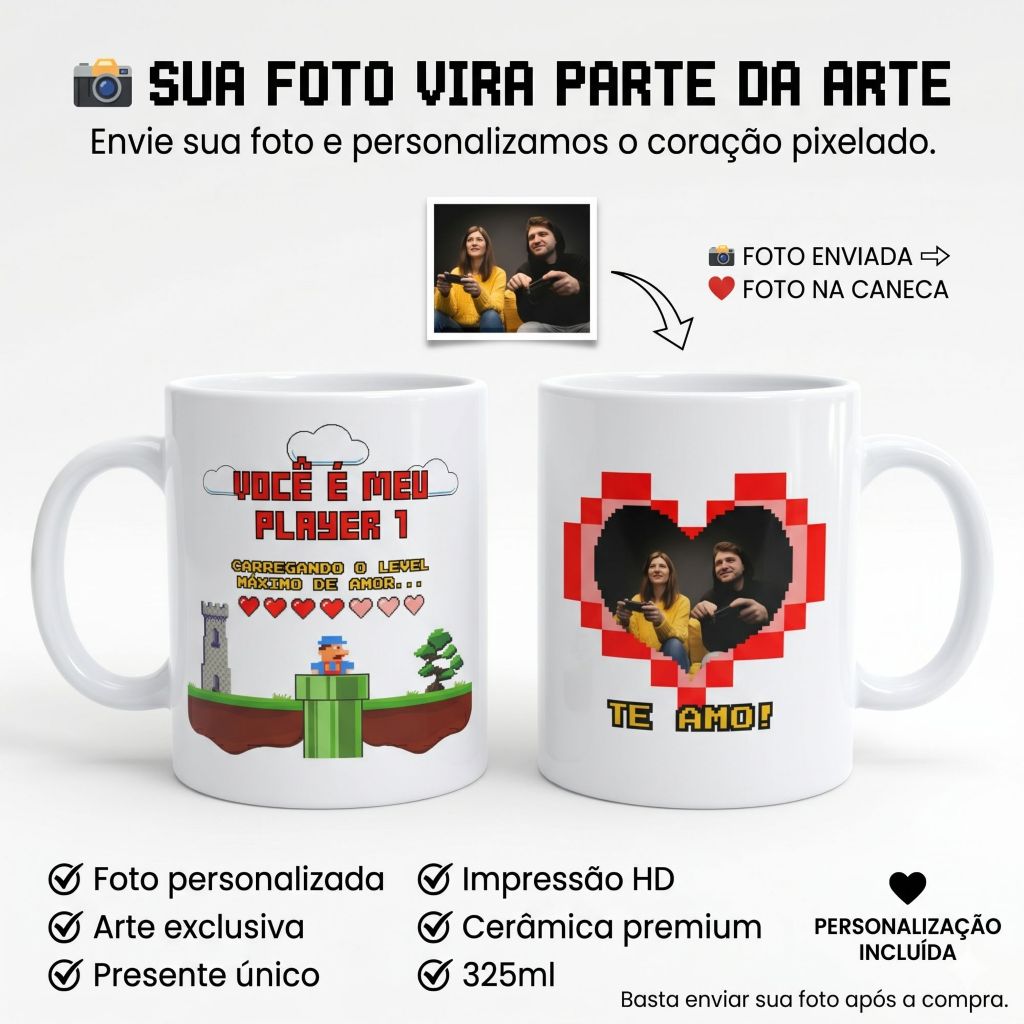 Caneca Casal Gamer com Foto Personalizada | Player 1 e Player 2 | Presente Criativo Amor 325ml