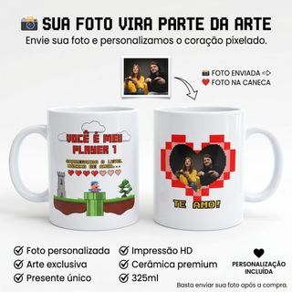 Caneca Casal Gamer com Foto Personalizada | Player 1 e Player 2 | Presente Criativo Amor 325ml