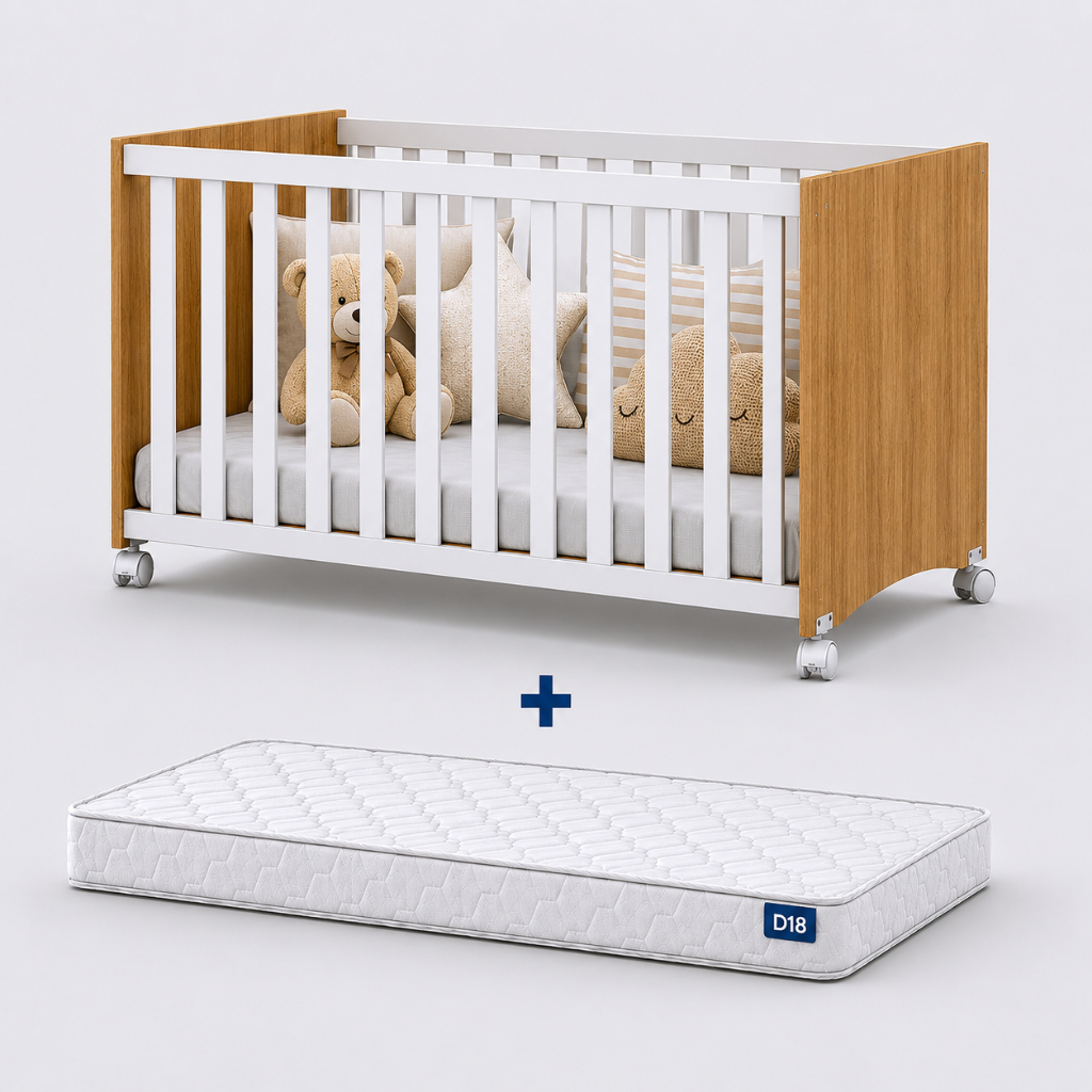 Berço Infantil Com Colchão Incluso Rodinhas Grade Lateral Para Bebê Quarto Maite Branco Amadeirado