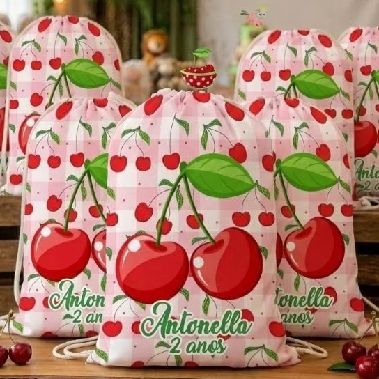 Mochilinhas Cereja - Festa Infantil - Sacochila - Bolsa para Doces - Lembrancinha - Aniversário